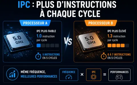 Comparaison de processeurs : même fréquence (5.0 GHz), mais l'IPC (instructions par cycle) plus élevé du processeur B offre de meilleures performances.