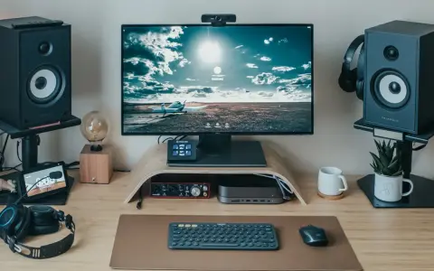 Un bureau moderne pour le setup teletravail : écran, enceintes, clavier, souris, casque et une webcam.