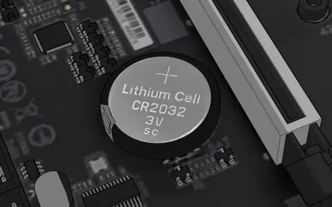 Pile CR2032 sur une carte mère, prête pour un reset BIOS.