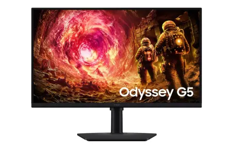 Écran Samsung Odyssey G5 affichant une scène de science-fiction avec des astronautes explorant un paysage volcanique. Idéal pour savoir comment choisir son écran gamer.