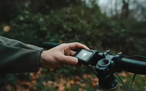 Main d'un cycliste ajustant l'écran d'un vtt electrique debridable en pleine nature.