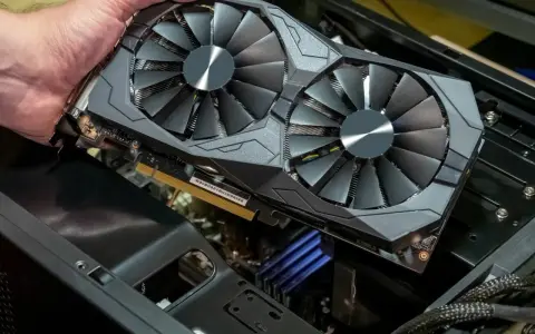 Main d'homme tenant une carte graphique double ventilateur. Pour savoir si une carte graphique est morte, vérifiez les artefacts visuels ou l'absence de signal.