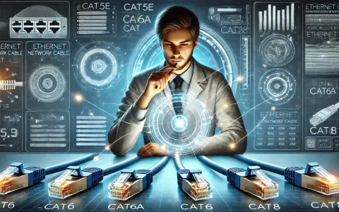 Un homme réfléchit devant un écran futuriste affichant des câbles Ethernet et leurs caractéristiques, comme le diamètre du câble RJ45.