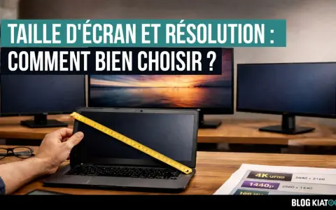 Mesure d'un écran d'ordinateur portable avec un mètre ruban, devant plusieurs moniteurs. Le texte indique "Taille d'écran et résolution : Comment bien choisir ?". Une feuille présente les différentes résolutions d'écran pc.