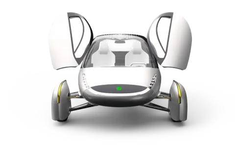 Concept de voiture électrique futuriste avec portes papillon ouvertes. Imaginez un voyage de 1600 km sans recharge !