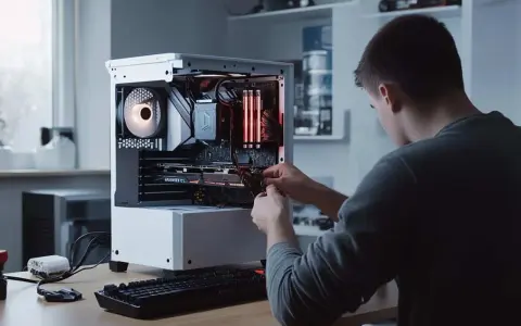 Un jeune homme assemble un PC, connectant la carte graphique et le processeur.