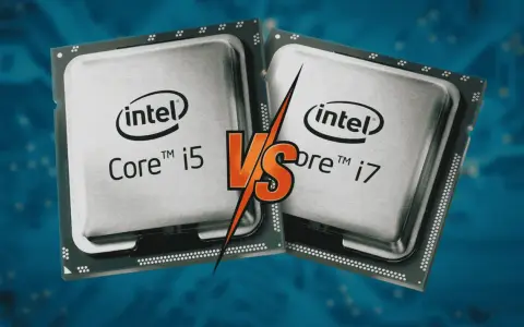 Deux processeurs Intel Core i5 et i7, symboles de la puissance d'un cpu ordi, s'affrontent sur fond bleu circuit imprimé.