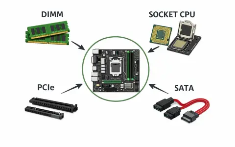 Composants d'un PC : carte mère, RAM (DIMM), processeur (Socket CPU), cartes d'extension (PCIe) et câbles de stockage (SATA). La taille carte mere est centrale.