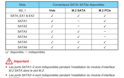 Tableau des combinaisons de slots M.2 et SATA sur une carte mère, indiquant la disponibilité des connecteurs.