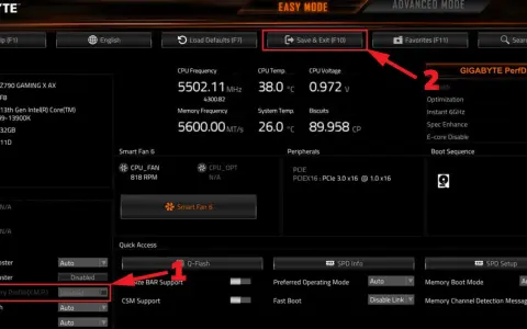 Interface des **bios MSI** GIGABYTE : mode facile, informations système, ventilateurs, et options de démarrage.