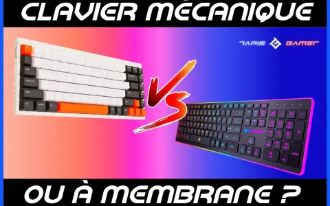 Comparaison de deux types de clavier : un mécanique blanc et orange, et un à membrane noir avec éclairage RGB.