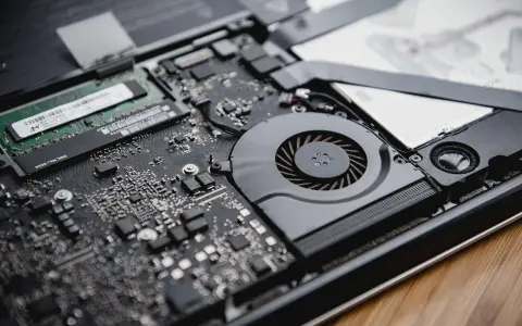 Intérieur d'un ordinateur portable ouvert, montrant la carte mère, le ventilateur et la RAM. La RAM est essentielle pour la définition de la performance.