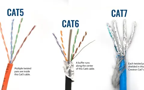 Comparaison des câbles réseau : Cat5 avec paires torsadées, Cat6 avec un séparateur central, et Cat7 avec blindage individuel. Une illustration de la catégorie cable rj45.