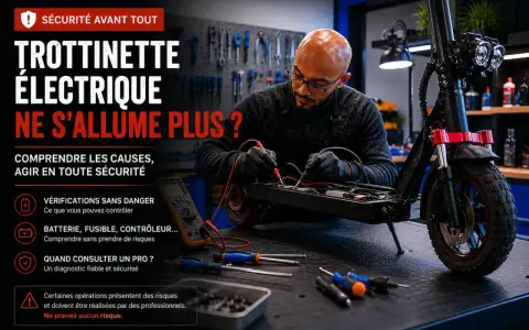 Un technicien vérifie le fusible d'une trottinette électrique Urban Glide qui ne s'allume plus. Outils et multimètre à proximité.