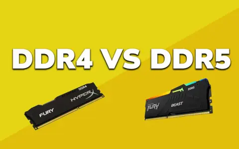 Comparaison DDR4 vs DDR5. Deux barrettes de RAM, une DDR4 HyperX FURY et une DDR5 Kingston FURY Beast, sur fond jaune. La fréquence RAM est un facteur clé.