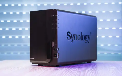 Un NAS Synology DS223, un petit boîtier noir avec des indicateurs lumineux, prêt à stocker vos données.