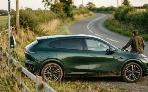 Un homme s'appuie sur le capot d'un Xpeng G6 vert foncé, garé près d'une borne de recharge sur une route de campagne sinueuse.