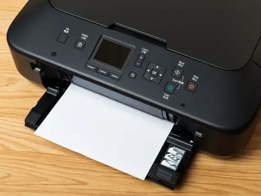 Imprimante noire avec une feuille de papier, prête à imprimer. Le câble USB est connecté, permettant la transmission des données.