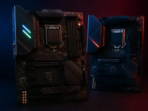 Deux cartes mères modernes, éclairées par des LED bleues et rouges. Un guide pour comment choisir sa carte mère.