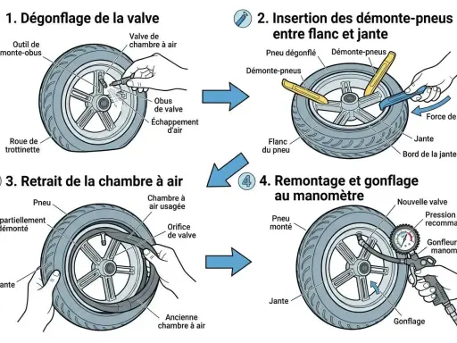 Instructions pour dégongfler, démonter, remonter et gonfler un pneu de trottinette avec un manomètre.