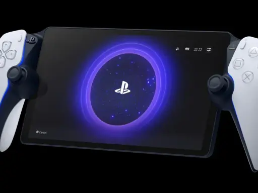 PlayStation Portal avec manettes DualSense attachées, affichant le logo PlayStation sur fond étoilé.