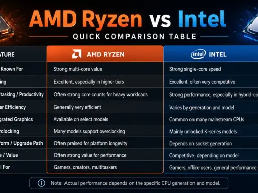 Tableau comparatif AMD Ryzen vs Intel. Le Ryzen excelle en multi-cœurs, l'Intel en mono-cœur. Un équivalent AMD Ryzen pour Intel est souvent recherché pour le gaming et la productivité.