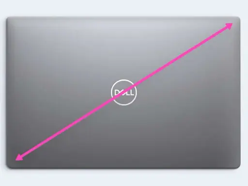 Flèche rose sur un ordinateur portable Dell, montrant la diagonale pour savoir comment connaitre la taille de son écran pc.