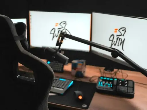 Setup streamer avec fauteuil, deux écrans affichant un logo, micro sur bras articulé, clavier, souris et console de mixage.