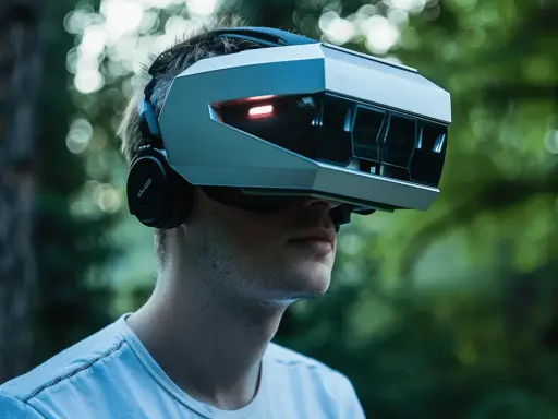 Un homme porte un casque de réalité virtuelle futuriste, peut-être un prototype de meta quest 4, dans un décor naturel verdoyant.