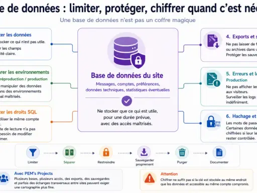 Schéma expliquant la sécurisation d'une base de données : limiter, séparer, restreindre, sauvegarder, purger, documenter. Le **serveur de sauvegarde** est un élément clé.