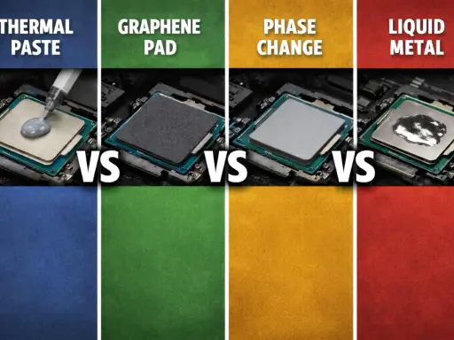 Comparaison de méthodes pour appliquer pâte thermique : seringue, pad graphène, phase change, métal liquide.