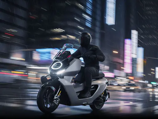 Un motard en casque noir file sur une trottinette électrique futuriste sous une pluie battante, les lumières de la ville floues en arrière-plan.