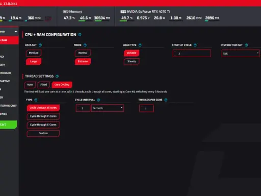 Configuration d'un test de stress CPU + RAM, avec options pour le jeu de données, le mode, le type de charge, et les paramètres de thread pour évaluer la performance.