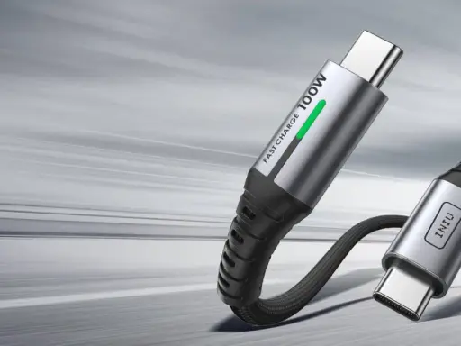 Câble USB-C argenté avec inscription "FAST CHARGE 100W" et un autre connecteur USB-C.