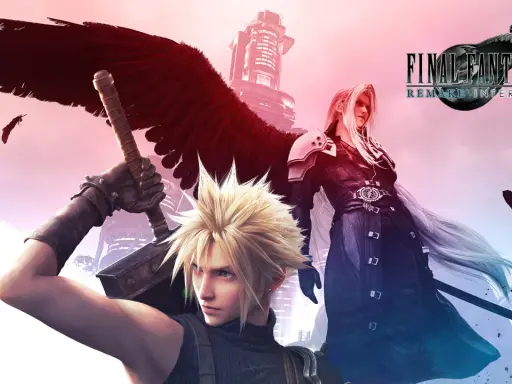 Cloud et Sephiroth, héros emblématiques de Final Fantasy VII, se font face sous une aile rouge menaçante.