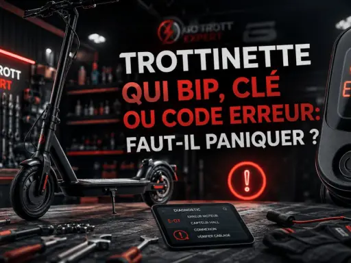 Une trottinette électrique en atelier, affichant le code erreur E-07 sur son écran. Un diagnostic est visible sur une tablette.