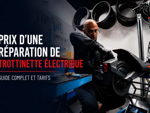 Un technicien répare une trottinette électrique. Le texte indique "Prix d'une réparation de trottinette électrique".