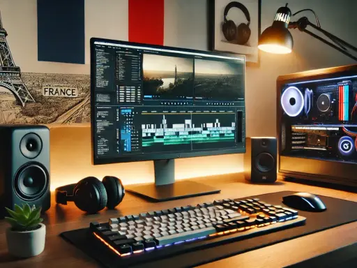 Bureau de montage vidéo ordinateur, avec écran affichant une timeline, tour PC lumineuse, enceintes, casque et clavier gaming.