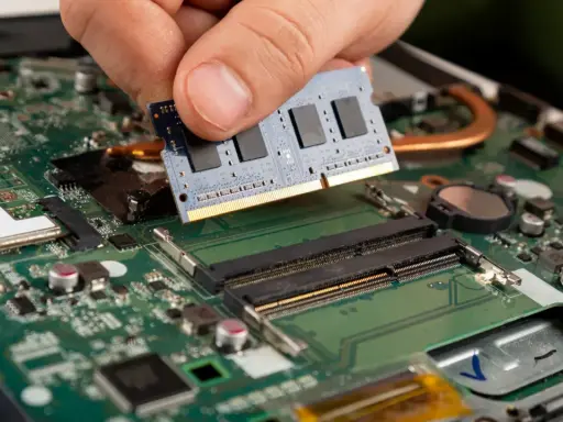 Main d'une personne installant un module de test RAM sur une carte mère d'ordinateur portable.