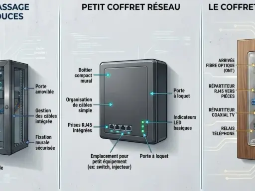 Illustration de trois solutions pour un réseau domestique : baie de brassage murale, petit coffret réseau et coffret de communication. Idéal pour organiser votre nas personnel.