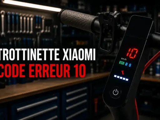 Trottinette Xiaomi avec code erreur E10 affiché sur l'écran. L'atelier de réparation est visible en arrière-plan.