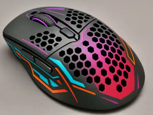 Souris gamer noire avec motifs hexagonaux et dégradé rose/violet. Idéale pour savoir comment choisir sa souris gamer.