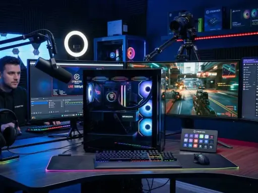 Un setup de streaming avec PC gamer puissant, plusieurs écrans, micro, caméra et Stream Deck. La configuration minimum PC streaming est prête pour l'action.