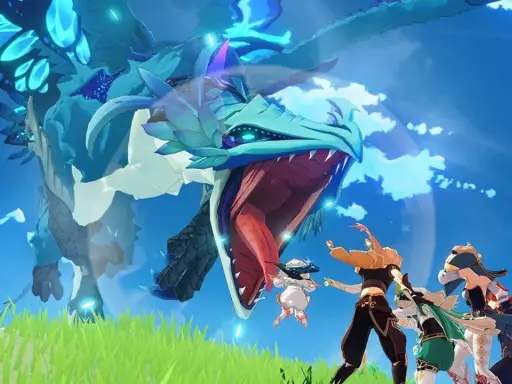 Des personnages affrontent un dragon bleuoyant dans ce jeu mobile gratuit. Une scène épique qui prouve que les meilleurs jeux mobile gratuit sont pleins d'action !