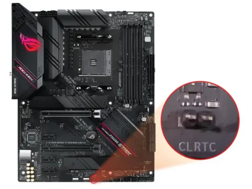 Carte mère ASUS ROG STRIX avec jumpers CLRTC pour réinitialiser le CMOS.