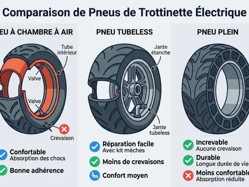 Comparaison de pneus de trottinette : pneu à chambre à air, tubeless et plein. Le pneu plein est increvable, durable, mais moins confortable. Comment monter un pneu plein sur une trottinette électrique ?
