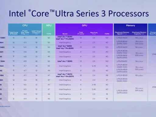 Tableau comparatif des processeurs Intel Core Ultra Series 3, incluant le benchmark pour les performances CPU, NPU, GPU, mémoire et puissance.