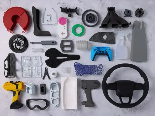 Un guide impression 3d : des pièces variées, d'une manette de jeu à un volant, en passant par des outils et des composants de vélo.