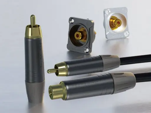 Connectique RCA de haute qualité, avec des câbles et des connecteurs plaqués or pour une connexion audio/vidéo optimale.