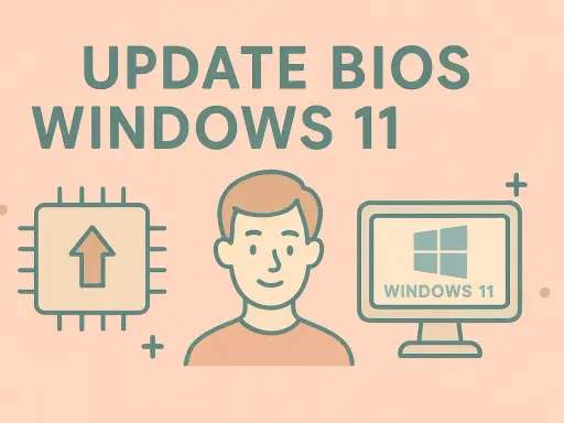 Illustration pour la mise à jour BIOS Windows 11 : un processeur avec une flèche montante, un homme souriant et un écran d'ordinateur affichant le logo Windows 11.